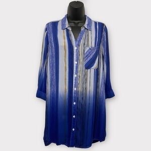 HC Khaki & Co Blue Striped Roll Tab Sleeve Button Front Shirt Size Small